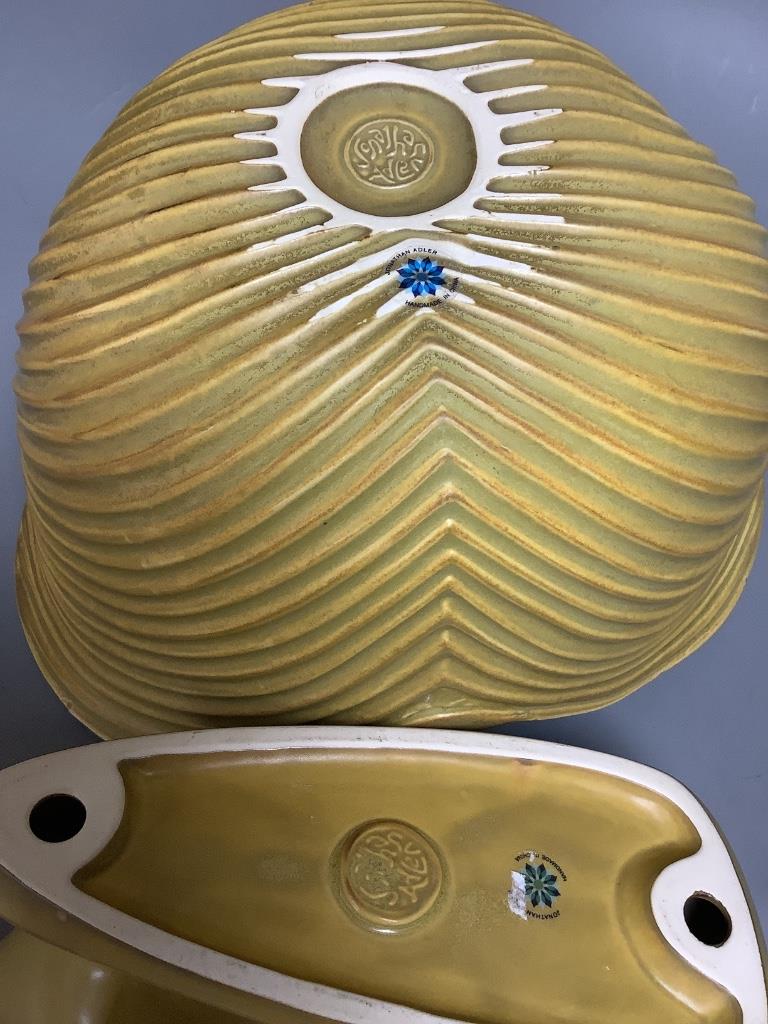 A Jonathan Adler large leaf-shaped pottery bowl and a figure of a cat